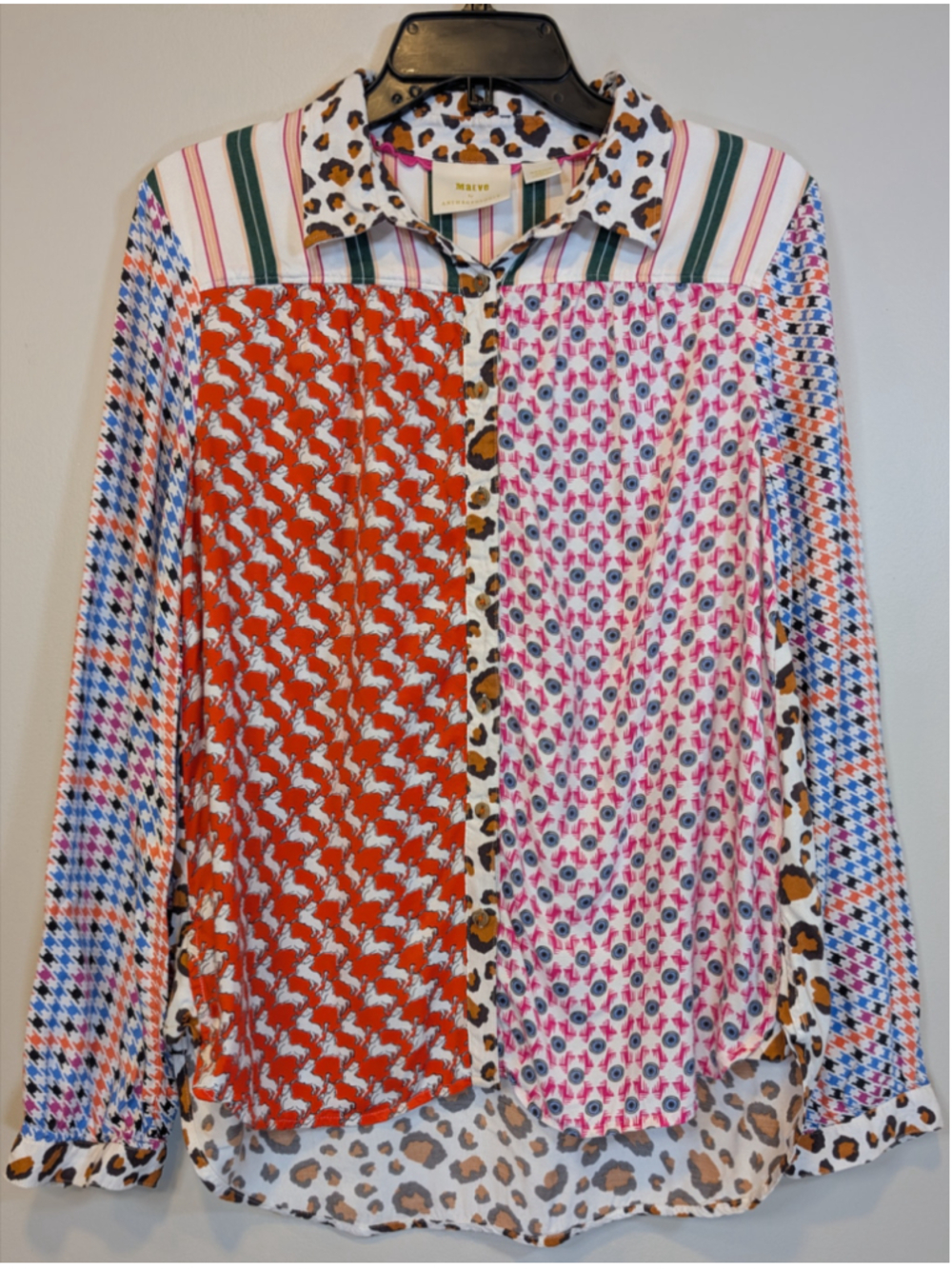Maeve by Anthropologie Paz Mixed Patchwork Blouse Horse Leopard Houndstooth Med